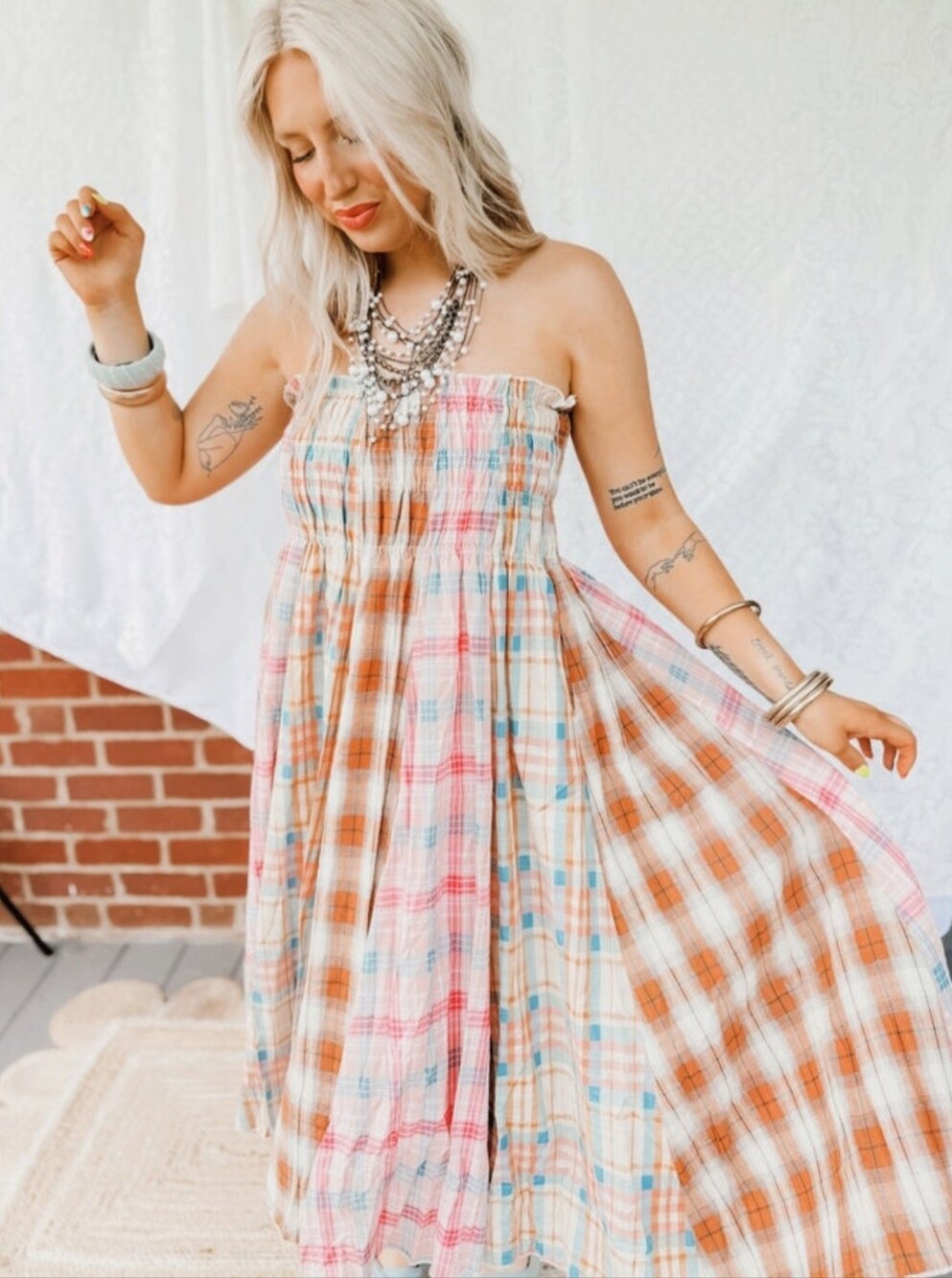 Oli & Hali Mineral Wash Patchwork Plaid Smock Convertible Midi Dress Maxi Skirt - Picture 9 of 15